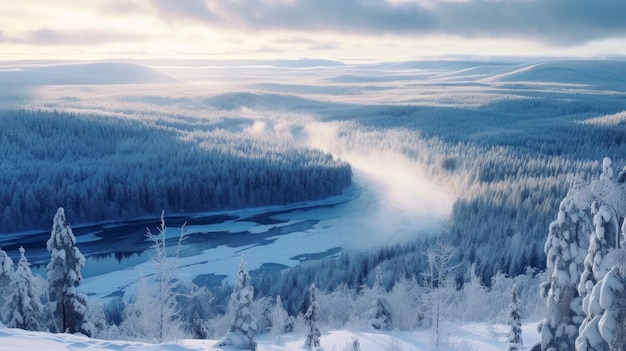 Winterfluss fließt in den Bergen Sonnenaufgang über verschneiter Landschaft