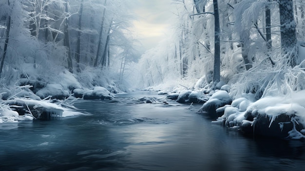 Winterfluss inmitten des verschneiten Waldes