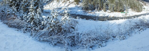 Winterfluss mit schneebedeckten Büschen am Ufer. Panorama.