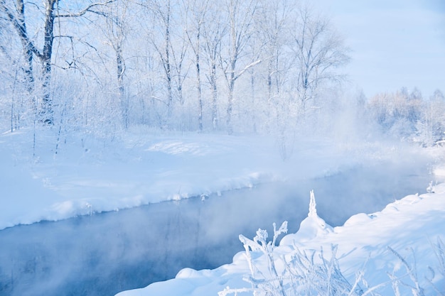 Winterfrostiger Morgen am Fluss, Dunst und Nebel aus dem Wasser. Sonnenlicht an einem kalten Wintertag. Büsche und Bäume im Schnee. Rauschen, Körnung, unscharf