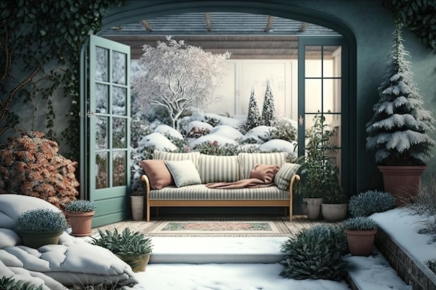 Wintergarten in einem Vorstadthaus mit eingelassenem Sofa und Blumenbeeten im gemütlichen Hinterhof