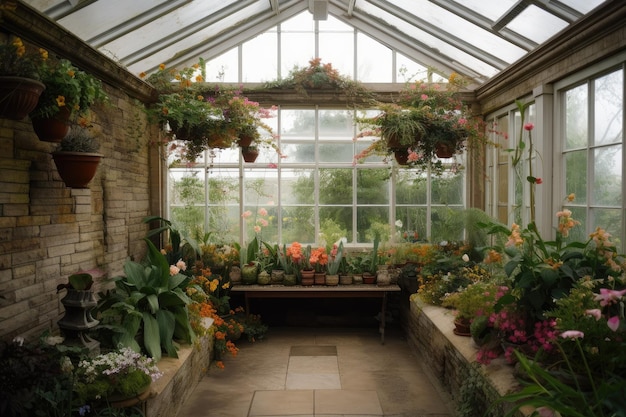 Wintergarten mit Gewächshaus mit atemberaubender Blumenpracht und Blattwerk