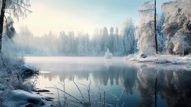Winterhintergrund mit frostigem See und schneebedeckten Bäumen ein ruhiger See sicher