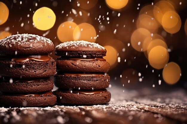 Winterkuchen auf einem Holztisch Bokeh-Hintergrund mit Girlandenlichtern Gebäck zu Weihnachten