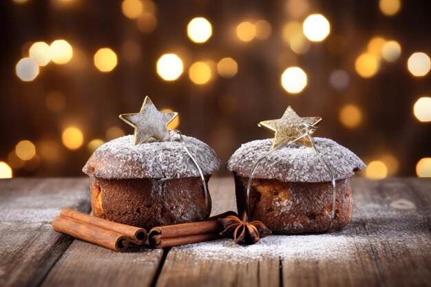 Winterkuchen auf einem Holztisch Bokeh-Hintergrund mit Girlandenlichtern Gebäck zu Weihnachten