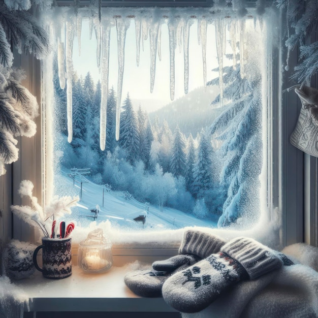 Winterland através de Frosty Window ai generative