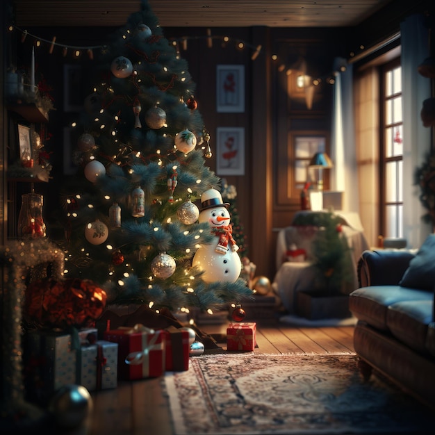 Winterland der Wunder Ein fesselnd lebhafter Weihnachtsbaum, geschmückt mit einem aufgehängten Schneemann
