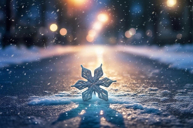 Winterland Wonder Snowflake em uma estrada iluminada por iluminação quente e neve Generative Ai