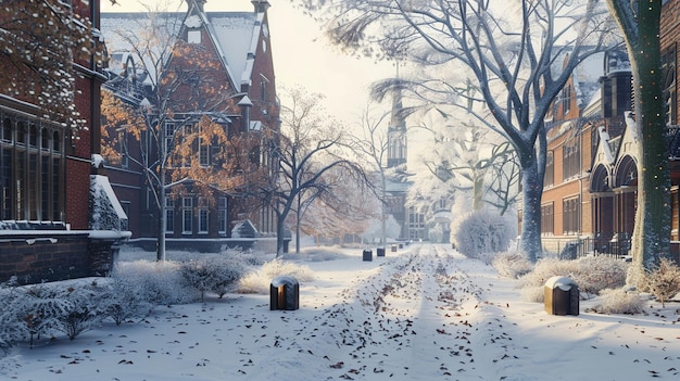 Winterland Wonderland Snowy Street und die Campus-Szene der Universität