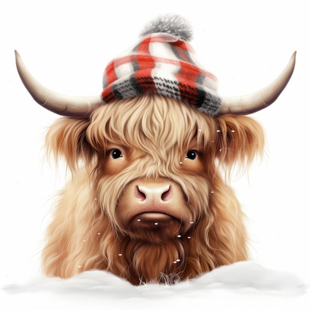 Winterland Wonderland Uma ilustração vetorial de uma foto realista Super Fluffy Highland Cow com Red Sto