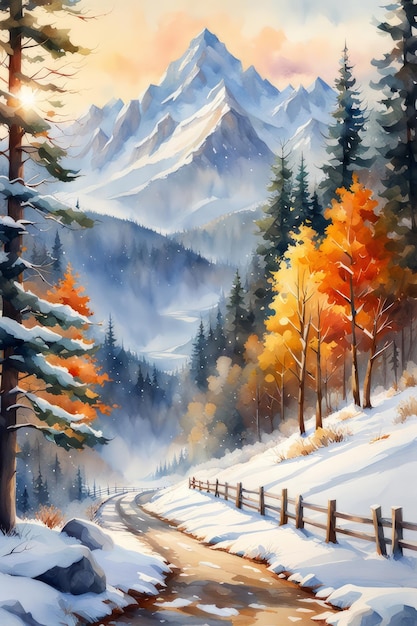 Foto winterlandschaft aquarell-illustration ai generiert