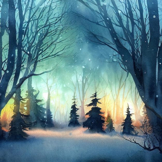 Winterlandschaft Aquarell Illustration kalt schneebedeckt Natur Hintergrund Weihnachten Ferienzeit Postkarte bunte Wald handgezeichnete Tapete