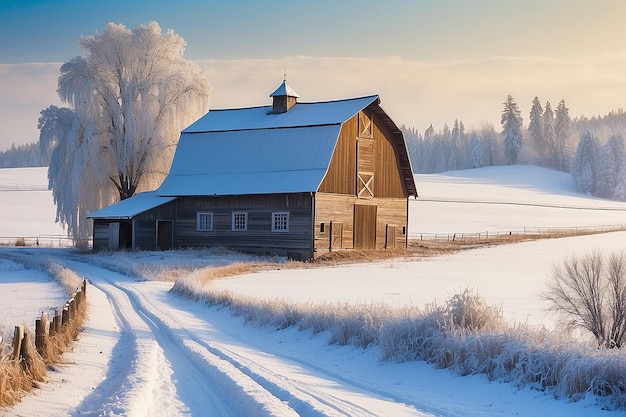 Winterlandschaft auf dem Land mit einer Scheune