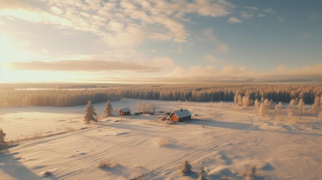 Winterlandschaft aus der Luft Schneefeld und Hütte im ländlichen Finnland