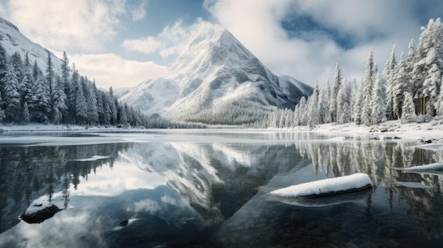 Winterlandschaft aus schneebedeckten Bergen mit See und Pinien
