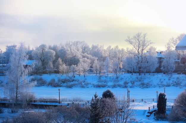 Winterlandschaft Bäume und Pflanzen mit Schnee bedeckt Die Schönheit schneebedeckter Wege Schneefall und Abkühlung in touristischen Gebieten