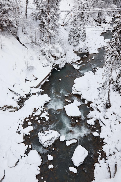 Winterlandschaft Bergfluss fließt zwischen Felsen im Schnee Nadelwald Frost auf Ästen starker Schneefall