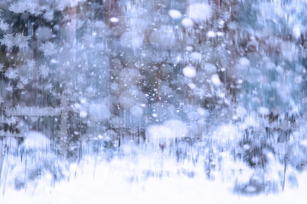 Winterlandschaft durch ein gefrorenes Fenster. Unscharfer Schneehintergrund. Bäume und Pflanzen mit Schnee bedeckt.