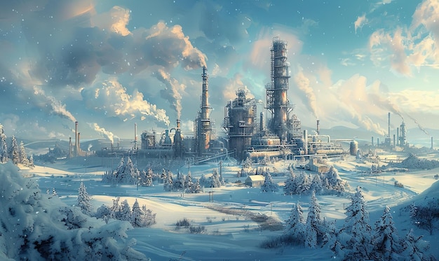 Winterlandschaft einer großen Fabrik mit rauchenden Schornsteinen