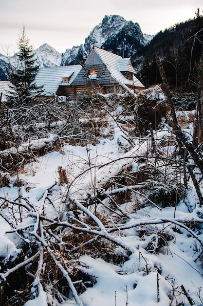 Winterlandschaft eines Holzhauses auf einem Hintergrund von schneebedeckten Wäldern und Bergen