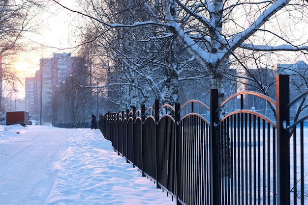 Winterlandschaft Eisenzaun bei Sonnenuntergang