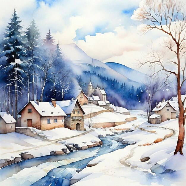 Winterlandschaft Hintergrund und Aquarell Winterdorf