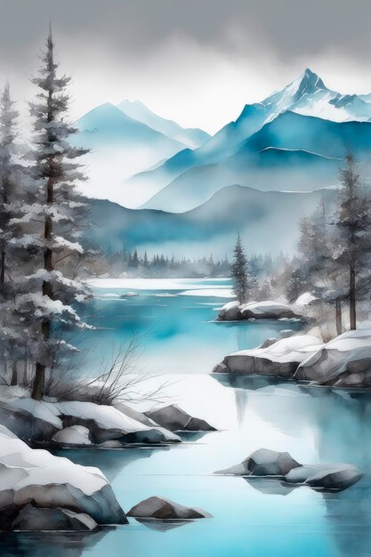Winterlandschaft im Retro-Stil Schöne Aquarelle eines Wintersees zwischen hohen Bergen