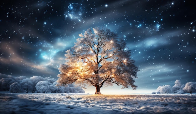 Winterlandschaft mit beleuchtetem Baum und Schnee, Weihnachtszeit, KI generiert