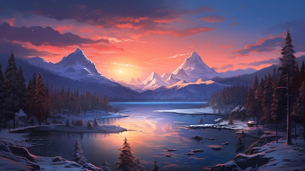 Winterlandschaft mit Bergsee am Abend