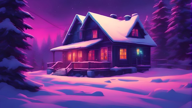 Winterlandschaft mit einem Haus im Wald 3D-Illustration