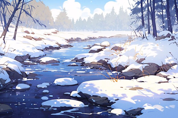 Winterlandschaft mit Fluss und schneebedeckten Bäumen Digitale Malerei Illustration