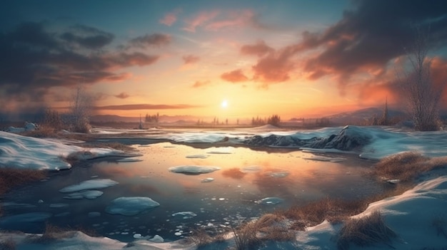 Winterlandschaft mit gefrorenem Fluss und Wald am Horizont bei sunrisegenerative ai