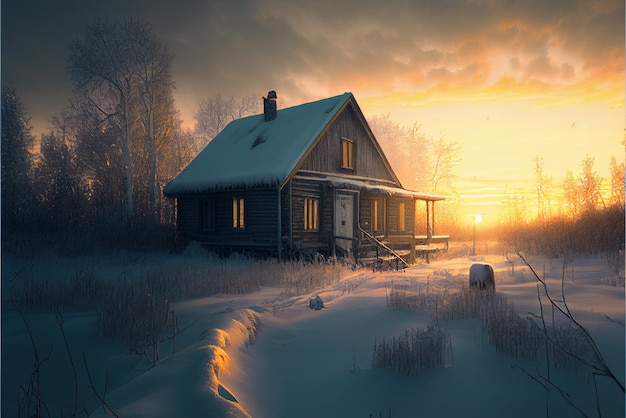 Winterlandschaft mit Haus und Wald bei Sonnenuntergang generative KI