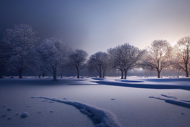 Winterlandschaft mit kahlen dunklen Baumstämmen in der Ferne eine mit einer weißen Schneeschicht bedeckte Lichtung unter einem bewölkten Himmel 3D-Darstellung