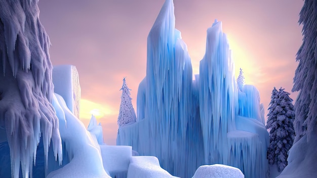 Foto winterlandschaft mit neon-sonnenuntergang große eisblöcke gefrorene bäume fantasy verschneite winterlandschaft gefrorene natur 3d-darstellung