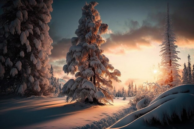 Winterlandschaft mit Pinienwald Illustration Generative AI