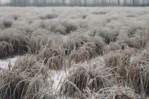 Winterlandschaft mit schneebedecktem hohem Gras auf einem Feld Generative KI