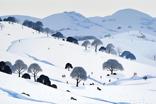 Winterlandschaft mit schneebedeckten Bäumen und blauem Himmel