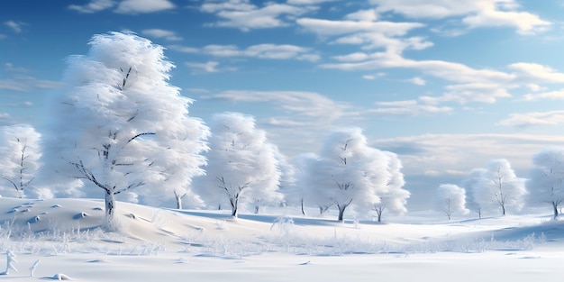 Winterlandschaft mit schneebedeckten Tannen und blauem Himmel 3D-Rendering