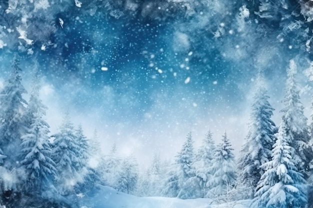 Winterlandschaft mit schneebedeckten Tannen und fallendem Schnee Weihnachts-Hintergrund mit AIGenerated Images