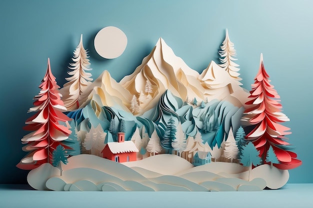 Winterlandschaft mit Schneepinienwald und Bergen für frohe Weihnachten