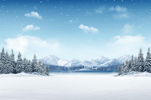 Winterlandschaft mit See und Bergen.