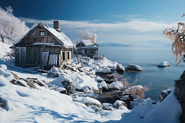 Winterlandschaft mit See Verlassene Häuser am Seeufer Der Wald ist mit Schnee bedeckt