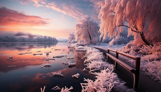 Foto winterlandschaft schneebedeckte bäume gefrorener see ruhige szene, erzeugt von ki