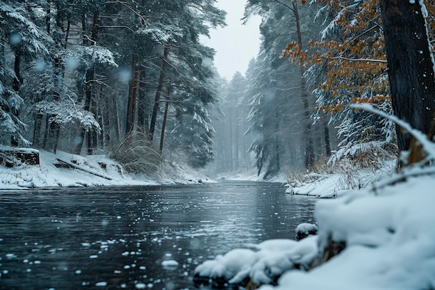 Winterlandschaft schneebedeckter Wald und unverfrorener Fluss