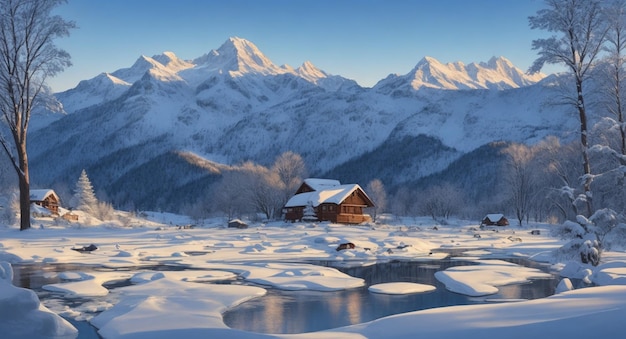 Foto winterlandschaft schöne dorfhäuser auf schneebedeckten hügeln schneebedecktes park