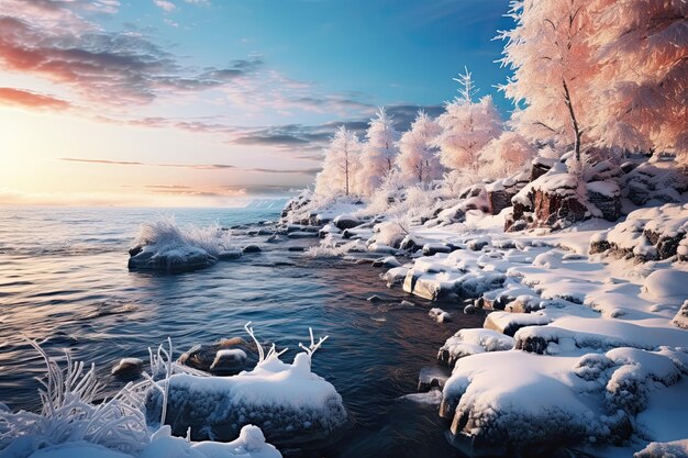 Winterlandschaft See mit kristallklarem Wasser Der Wald ist mit Schnee bedeckt Generative KI Kunst
