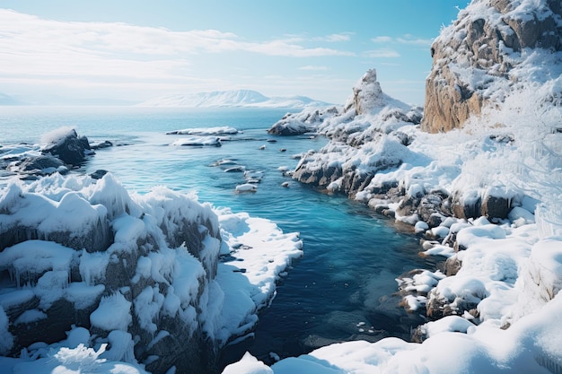 Winterlandschaft See mit kristallklarem Wasser Der Wald ist mit Schnee bedeckt Generative KI Kunst