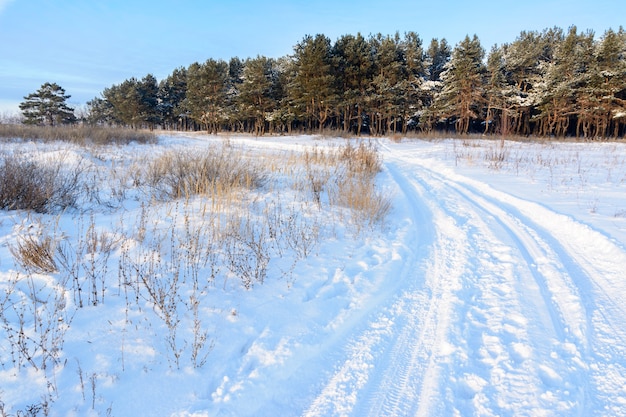 Winterlandschaft. Winterlandstraße im Hintergrund des Waldes. Spuren von Autos im Schnee.