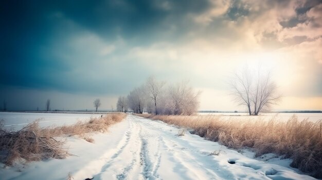 Winterlandschaft Winterliche Feldstraße mit Schnee bedeckt KI generiert